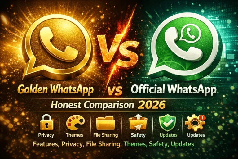 Split-screen comparison image featuring Golden WhatsApp on the left and WhatsApp Messenger on the right. The left side shows a glowing gold-themed WhatsApp logo labeled “Golden WhatsApp,” while the right side displays the classic green WhatsApp logo labeled “Official WhatsApp.” A fiery “VS” appears in the center with the text “Honest Comparison 2026” below. Icons highlight key features including privacy, themes, file sharing, safety, and updates.