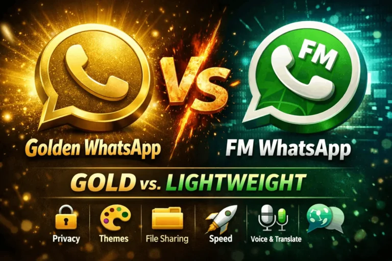 Split-screen thumbnail showing a comparison between Golden WhatsApp and FM WhatsApp. The left side features a gold-themed WhatsApp logo with glowing effects labeled “Golden WhatsApp,” while the right side shows a green-themed logo labeled “FM WhatsApp.” A fiery “VS” appears in the center. Below, icons highlight key features like privacy, themes, file sharing, speed, and voice/translation tools.