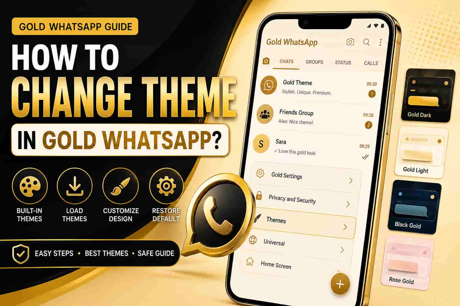 How to change theme in Gold WhatsApp with built-in themes, load themes, customize design, and restore default options