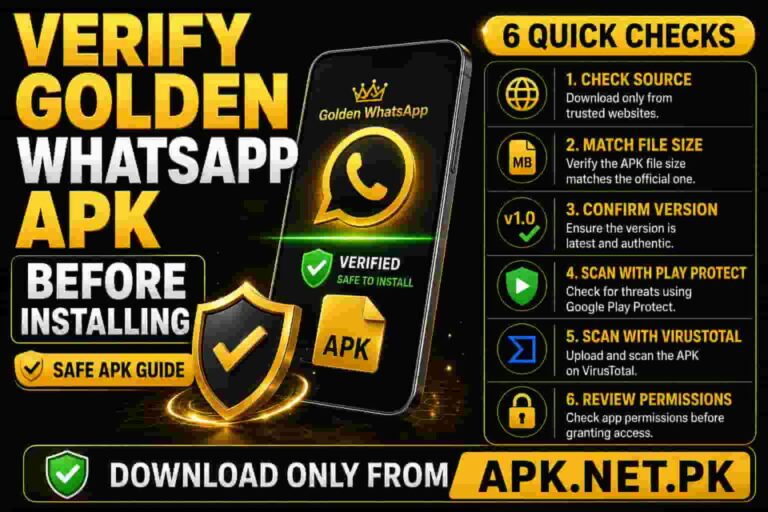 Verify Golden WhatsApp APK before installing with six safety checks including download source, file size, version, Play Protect scan, VirusTotal scan, and app permissions.