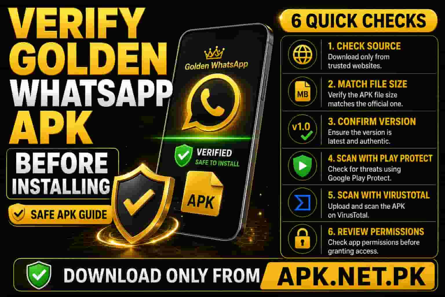 Verify Golden WhatsApp APK before installing with six safety checks including download source, file size, version, Play Protect scan, VirusTotal scan, and app permissions.