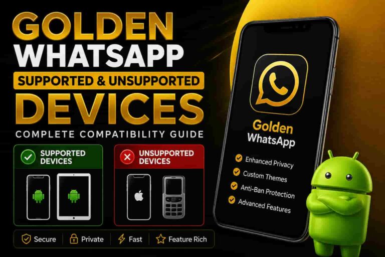 Golden WhatsApp supported and unsupported devices compatibility guide showing Android phones, tablets, iPhone restrictions, feature phones, privacy features, and device support information.