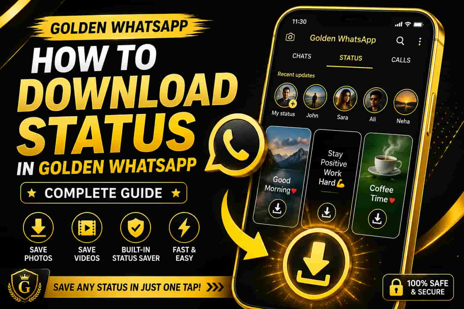 How to download status in Golden WhatsApp using the built-in Status Saver feature to save photos and videos directly to your phone