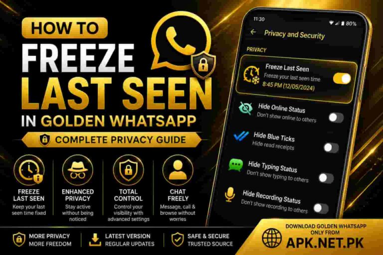 How to Freeze Last Seen in Golden WhatsApp privacy feature showing hidden activity status, online privacy settings, and Last Seen control options.