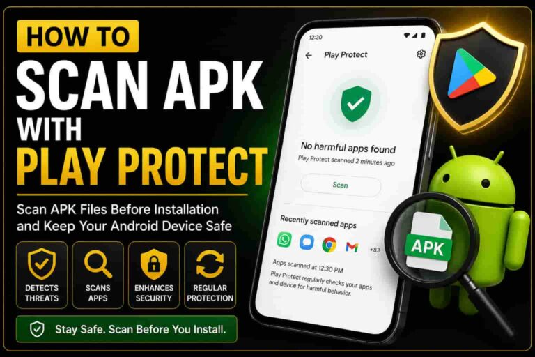 How to scan APK with Play Protect on Android showing app security scan malware detection and APK file verification before installation
