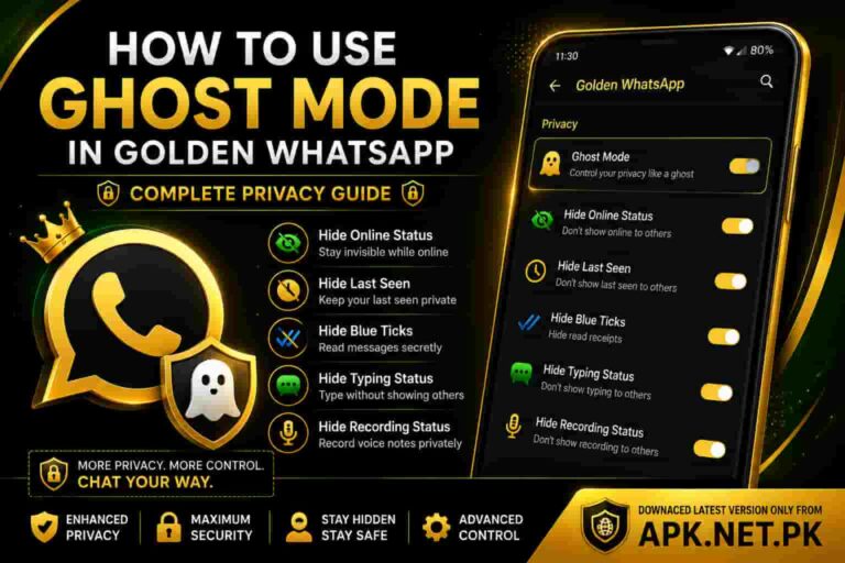 How to Use Ghost Mode in Golden WhatsApp showing hidden online status, blue ticks, typing indicators, and privacy settings.
