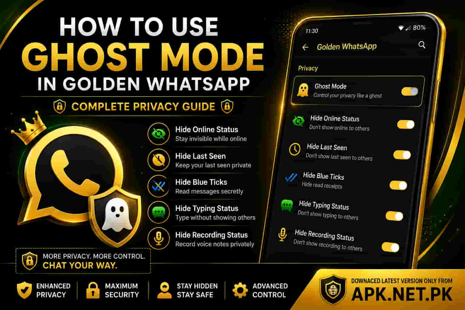 How to Use Ghost Mode in Golden WhatsApp showing hidden online status, blue ticks, typing indicators, and privacy settings.