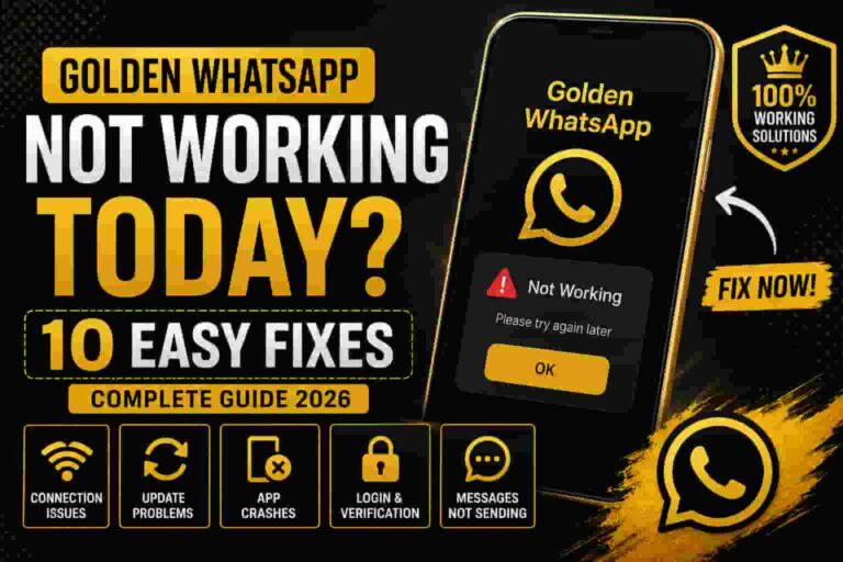 Golden WhatsApp not working today guide showing common issues such as app crashes, update problems, login errors, verification issues, and step-by-step fixes for Android users.