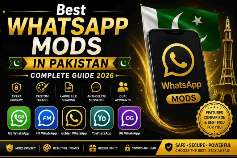 Best WhatsApp Mods in Pakistan 2026 featuring GB WhatsApp, Golden WhatsApp, FM WhatsApp, YoWhatsApp and OG WhatsApp with privacy, customization, file sharing and feature comparison.