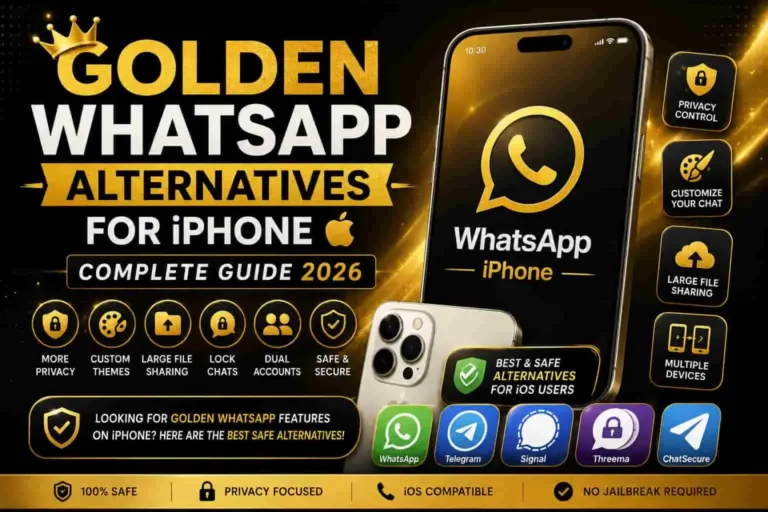Golden WhatsApp alternatives for iPhone showing privacy controls, custom themes, large file sharing, locked chats, dual accounts and safe iOS messaging alternatives.