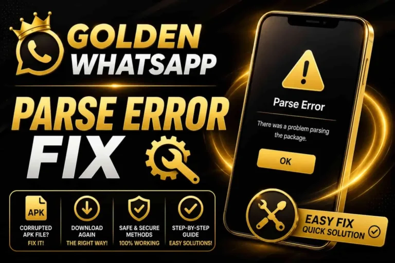 Golden WhatsApp Parse Error Fix with APK warning icon and installation error guide