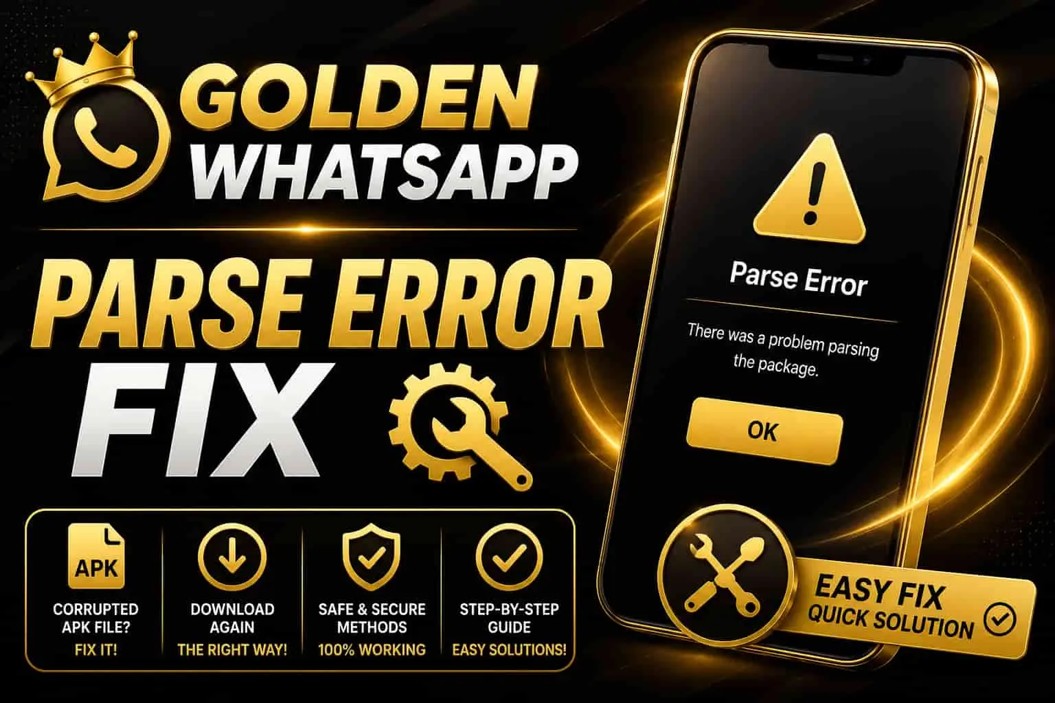 Golden WhatsApp Parse Error Fix with APK warning icon and installation error guide