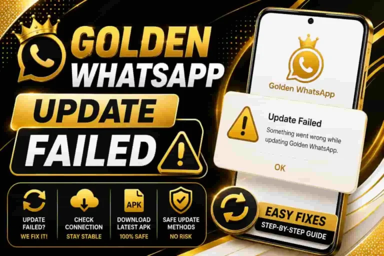 : Golden WhatsApp update failed with warning icon on smartphone, showing update error and troubleshooting guide.