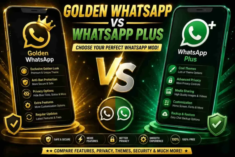 Golden WhatsApp vs WhatsApp Plus comparison feature image showing two smartphones, app features, privacy, customization, and security