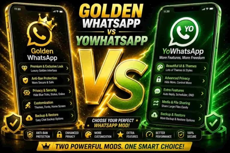 Golden WhatsApp vs YoWhatsApp comparison feature image with two smartphones and a metallic 3D VS badge showing privacy, security, customization, themes, and backup features
