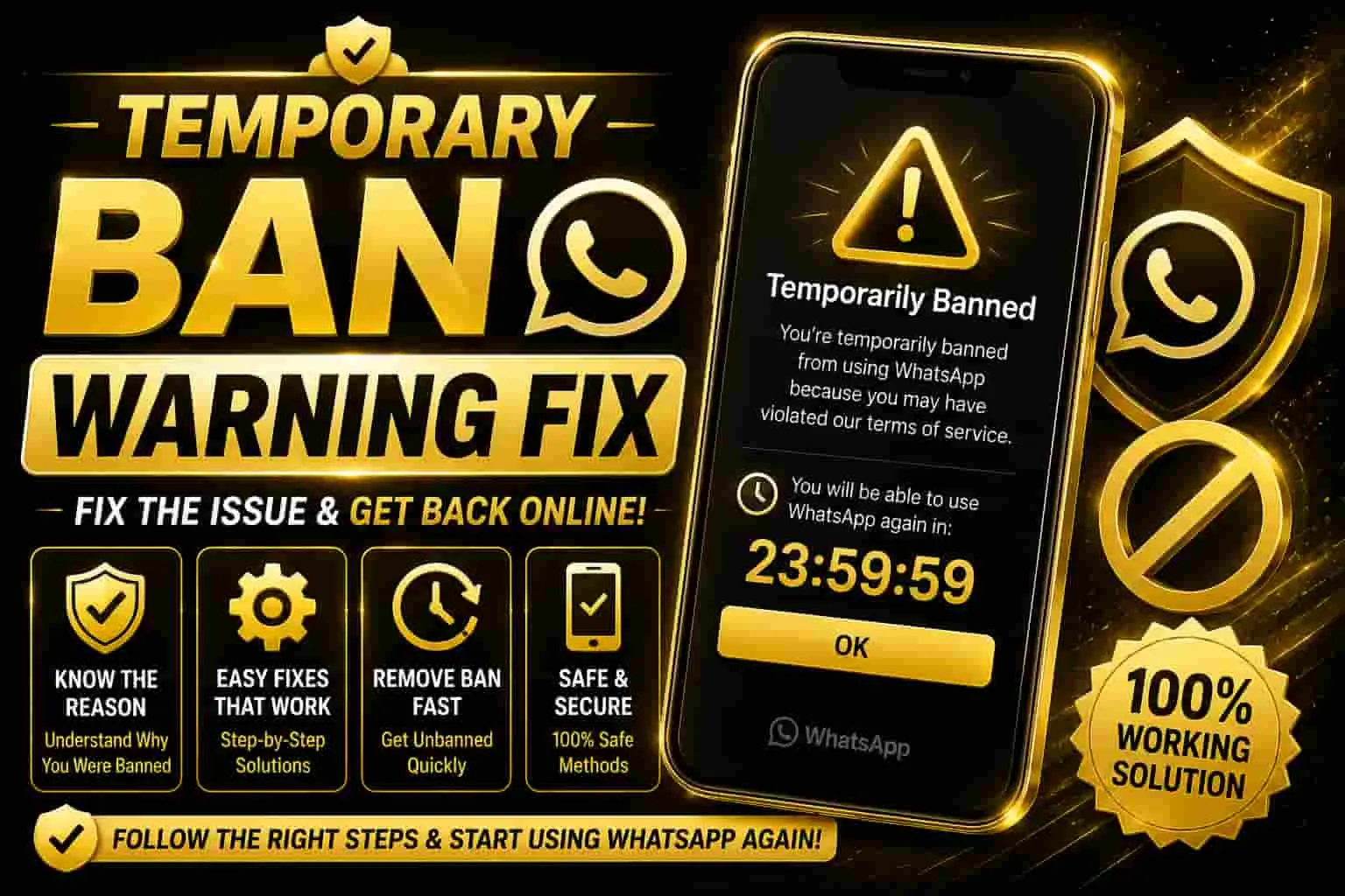 Golden and black Temporary Ban Warning Fix feature image with WhatsApp ban alert, warning icon, shield, and smartphone.